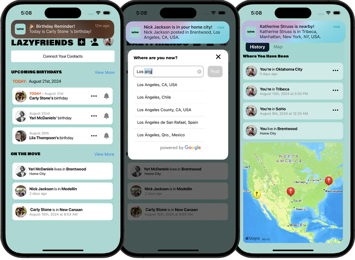 Three Lazyfriends app screens showing a map, a friends list, and a friend profile